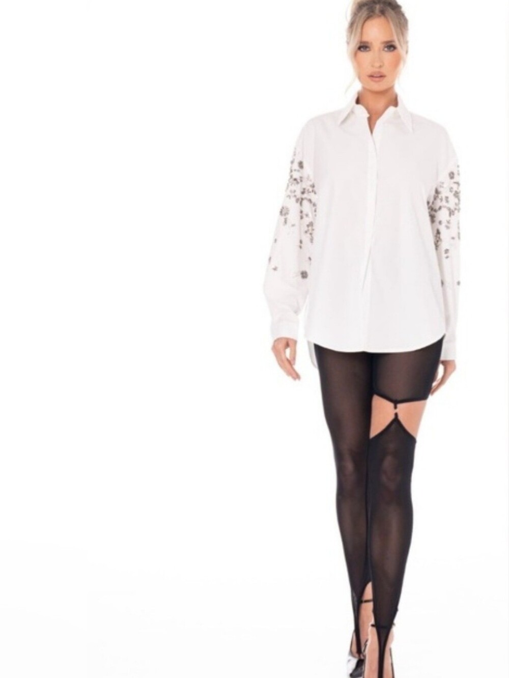 Crystal Bloom Embellished Oversized Button-Up Blouse
